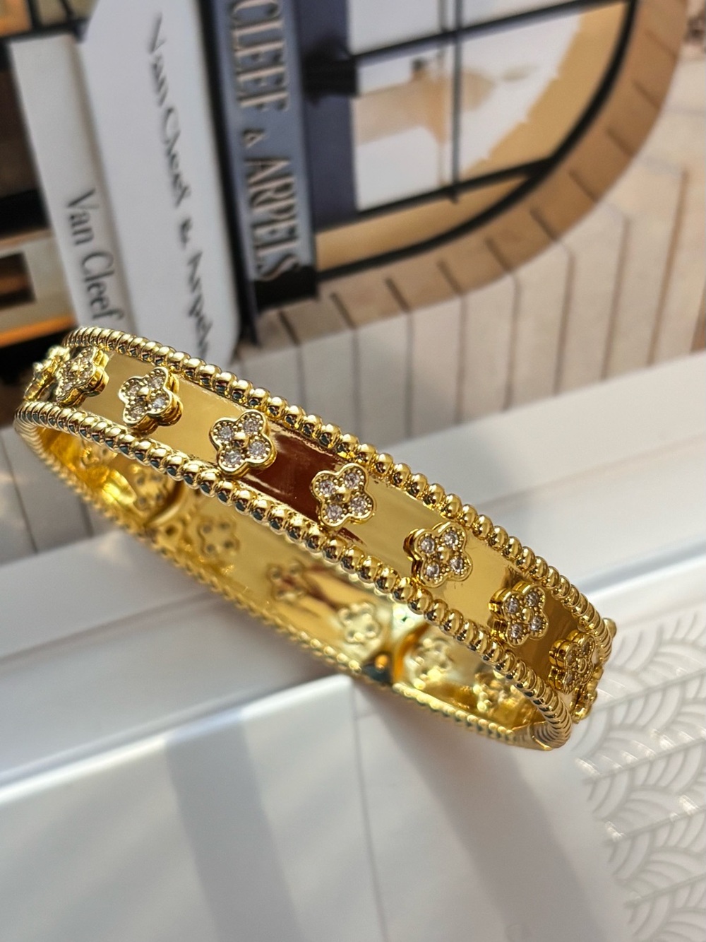 Gold Floral Accent Bangle Bracelet - with Zirconias Women Jewelry